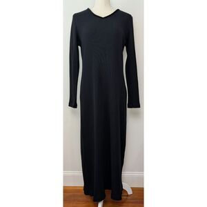 Vintage Faded Glory Women Thermal Waffle Knit Maxi Dress Medium Black V-Neck USA
